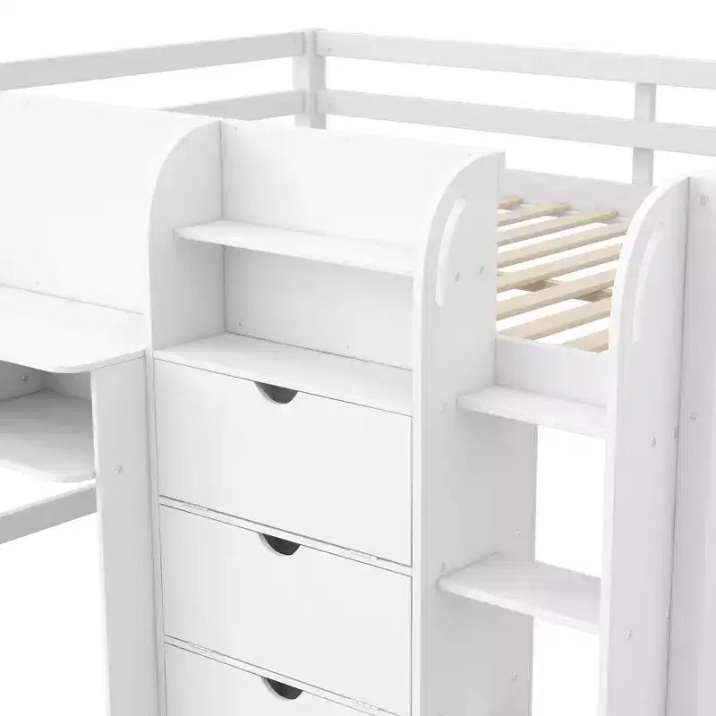 Laag stapelbed in roze/wit met bureau, opbergruimte en whiteboard - C voor 1 persoon, eenpersoonsbed