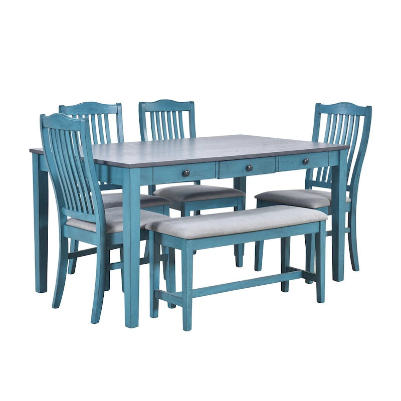 6-delige houten eetkamerset met 4 stoelen en bank, tafel met lade