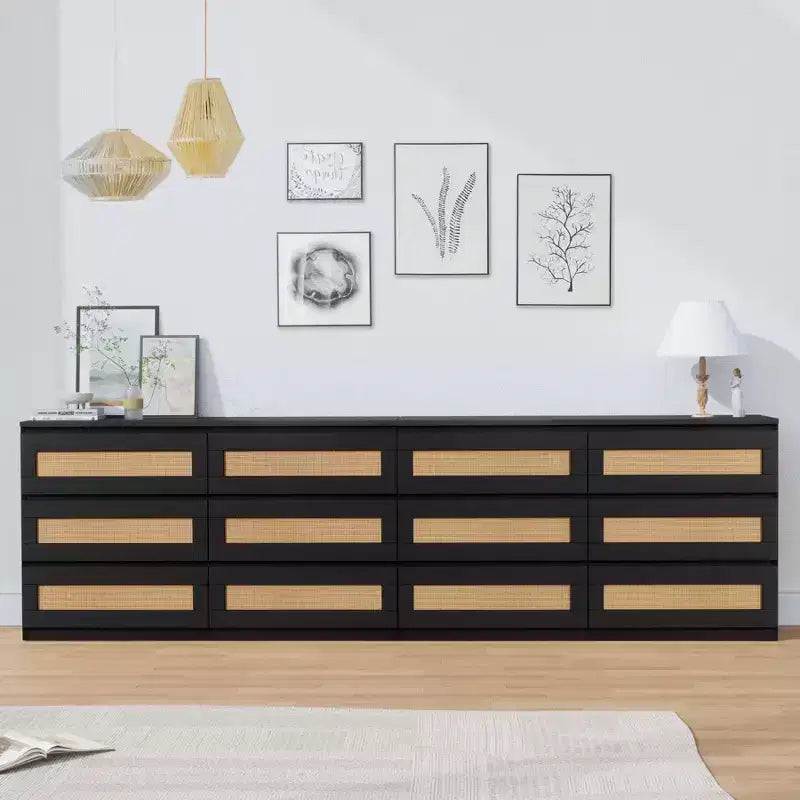 Rattan-Kommode fürs Schlafzimmer mit 6 Schubladen, 119 cm breite moderne Kommode im Landhausstil, Holzschrank mit Stauraum-Organizer für Kleiderschrank, Wohnzimmer und Flur