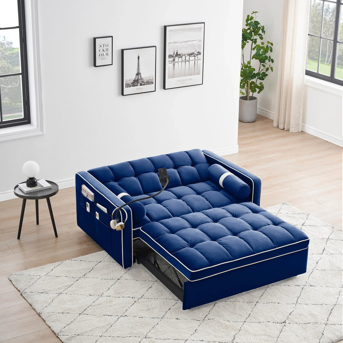 Velvet Convertible 55'' 2-Seater Sleeper Sofa with Pull-Out Bed, Adjustable Recline, Side Pockets, and Phone Holder