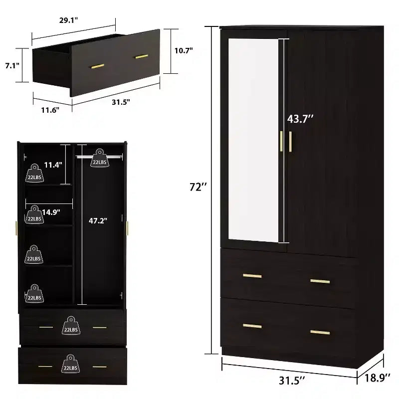Hitow Kleiderschrank mit Doppelschublade, Spiegeltüren und zoniertem Stauraum