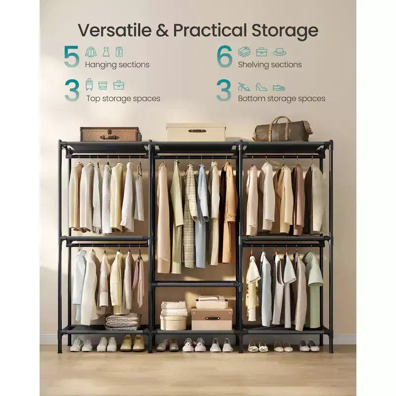Portant à vêtements SONGMICS, armoire-organisateur robuste avec tringles et étagères, charge totale de 297 lb, montage facile, noir encre