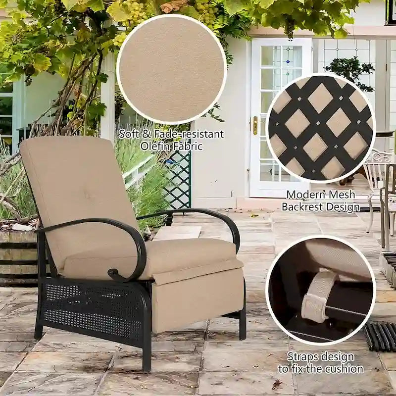 Fauteuil inclinable réglable de salon pour extérieur avec coussin - 38 (P) x 26.5 (L) x 38.5 (H) POUCES