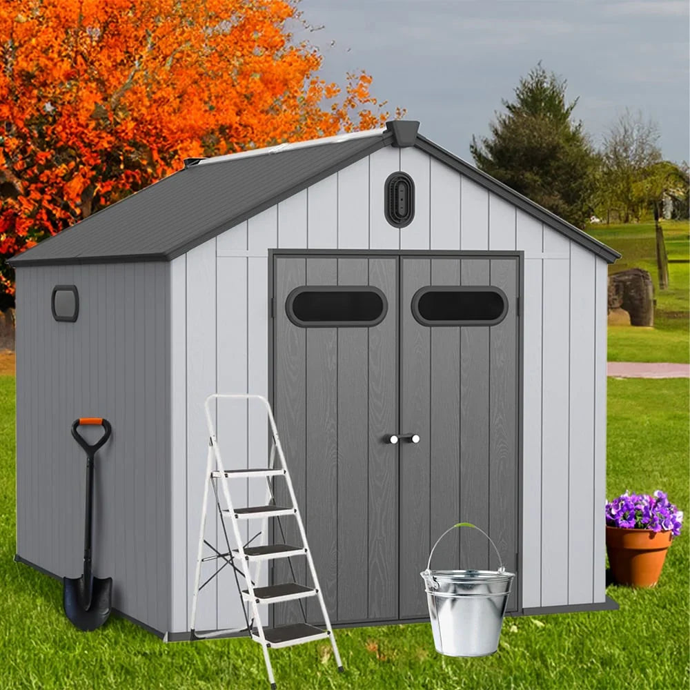 Opslagschuur van 6 ft x 4 ft/6 ft x 8 ft/8 ft x 6 ft/8 ft x 10 ft, weerbestendig kunststofhars voor buiten met vloer, gereedschapsschuur met puntdak