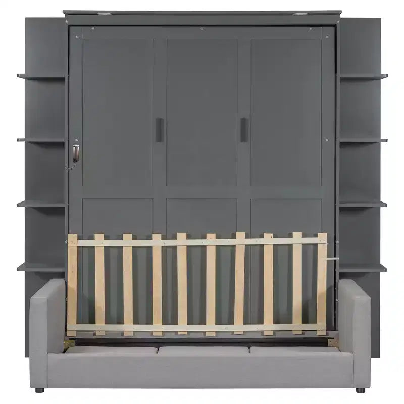Lit escamotable mural queen size avec canapé, lit armoire pliant queen size avec bibliothèque et étagères pour chambre d’amis ou bureau