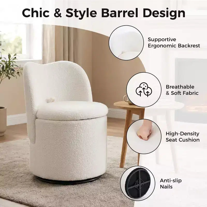 Chaise de coiffeuse pivotante avec rangement, tabouret rond rembourré avec dossier, fauteuil tonneau d’appoint doux et rembourré pour chambre et salon