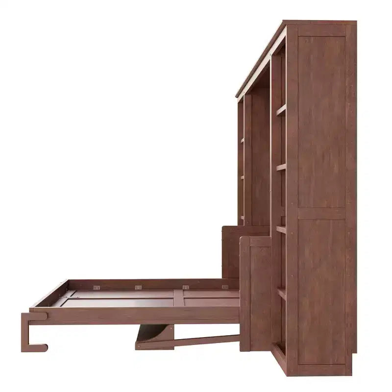 Murphy-Bett in Full-/Queen-Größe, platzsparendes Wandbett mit Schreibtisch und Bücherregal, Dunkelbraun – ModernLuxe