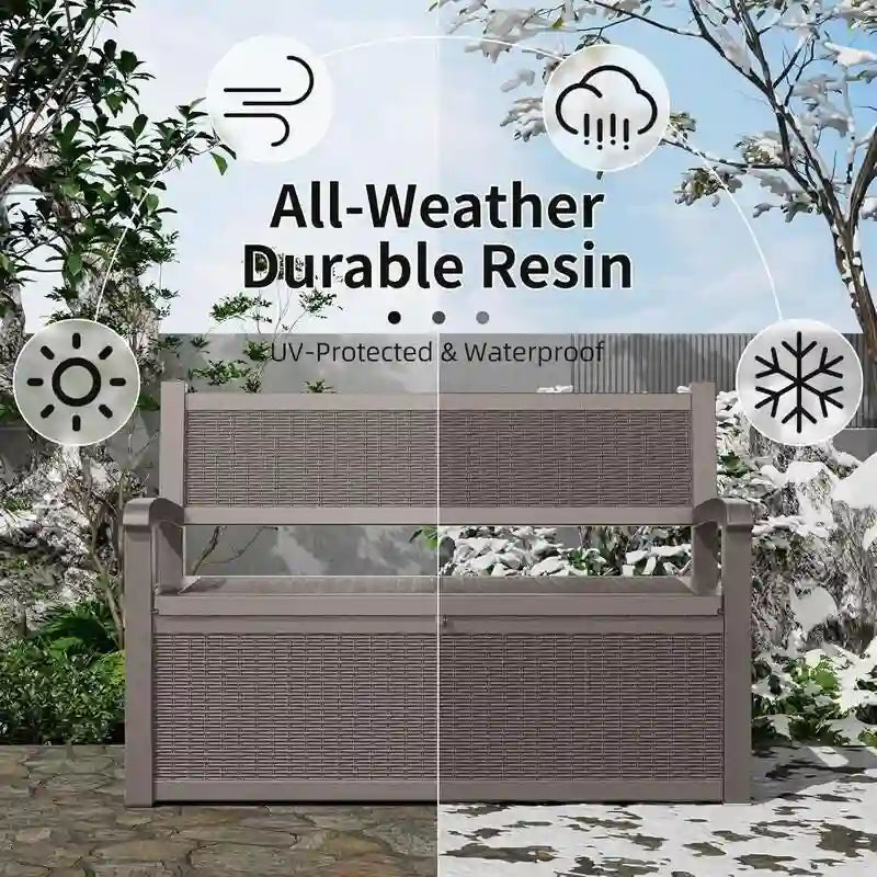 Banc de rangement en résine tout temps avec compartiment dissimulé verrouillable – design imitation rotin, capacité de 500 lb, rangement de 70 gallons