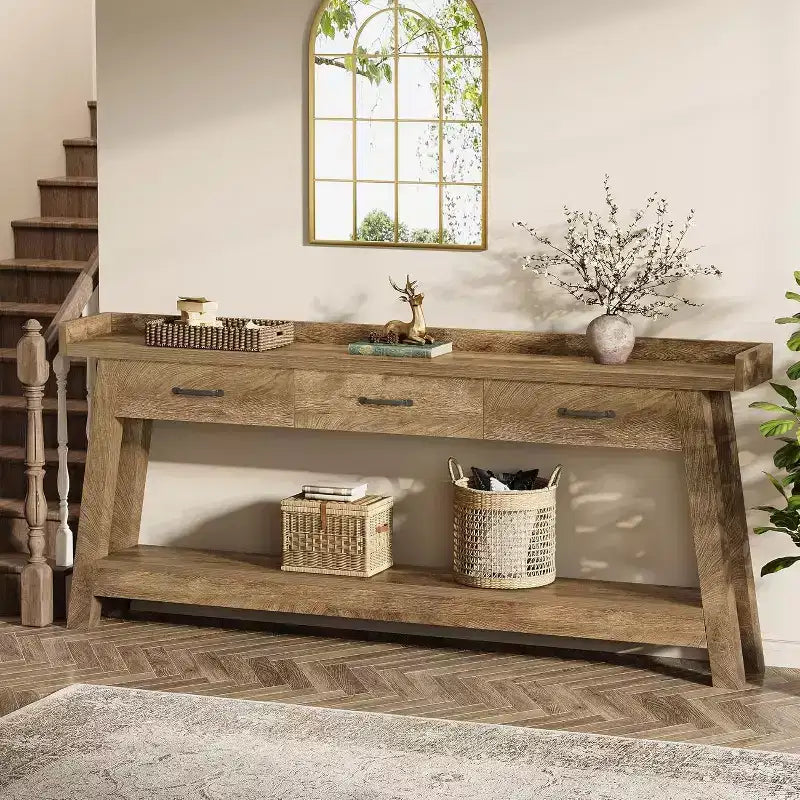 Table console Lantine à 2 niveaux avec 3 tiroirs, console de 70,9 avec rebord surélevé et étagères de rangement pour le salon, le couloir ou l’entrée