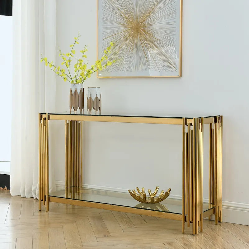 Console étroite à 2 niveaux avec structure en métal finition dorée et plateau en verre trempé