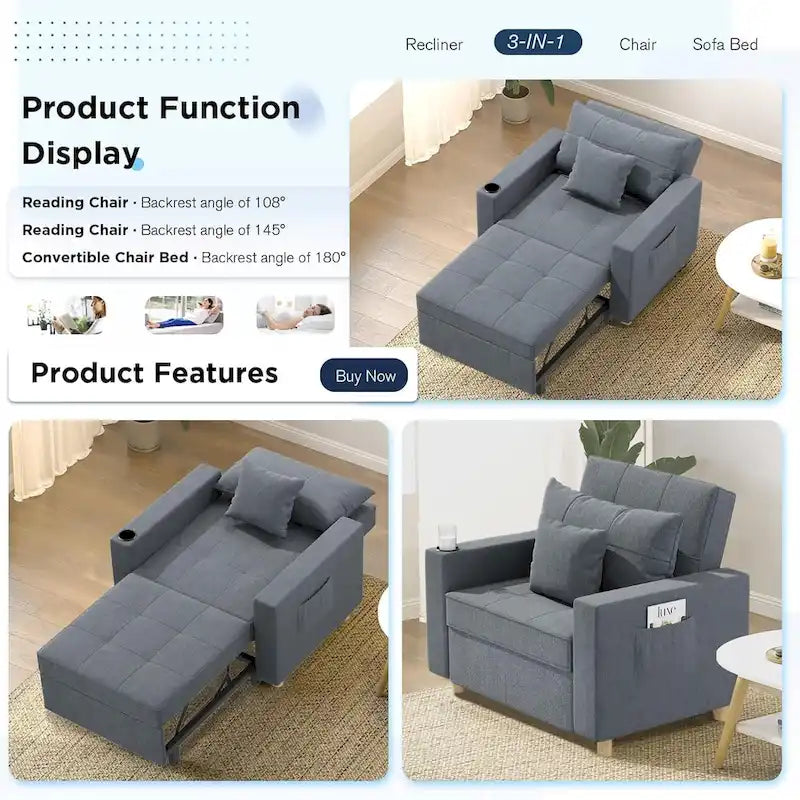 Verstelbare slaapstoel/-bed, 3-in-1-ombouwbaar, meerdere kleuren, geschikt voor 1 persoon