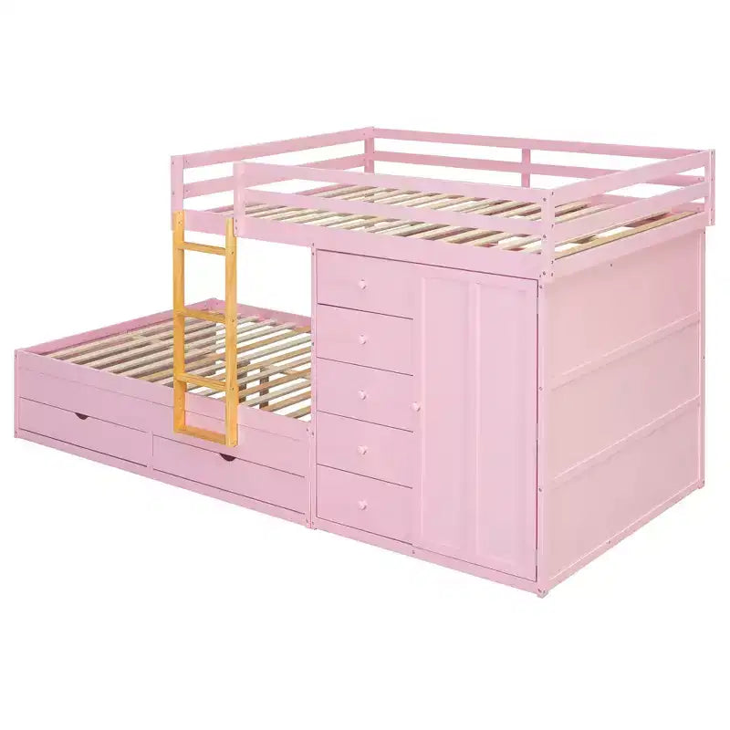 Lit superposé deux places sur deux places avec armoire de rangement et tiroirs, lit superposé en bois deux places gain de place avec barrière de sécurité pour appartement et chambre
