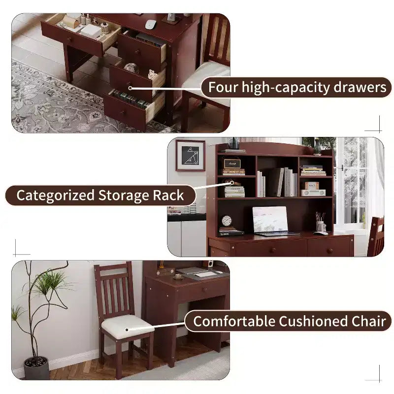 Okak Modern Home Office Wooden Computer Desk with Desktop/Chair & Bookshelf,Teens Student Storage Writing Desk for Study,Office