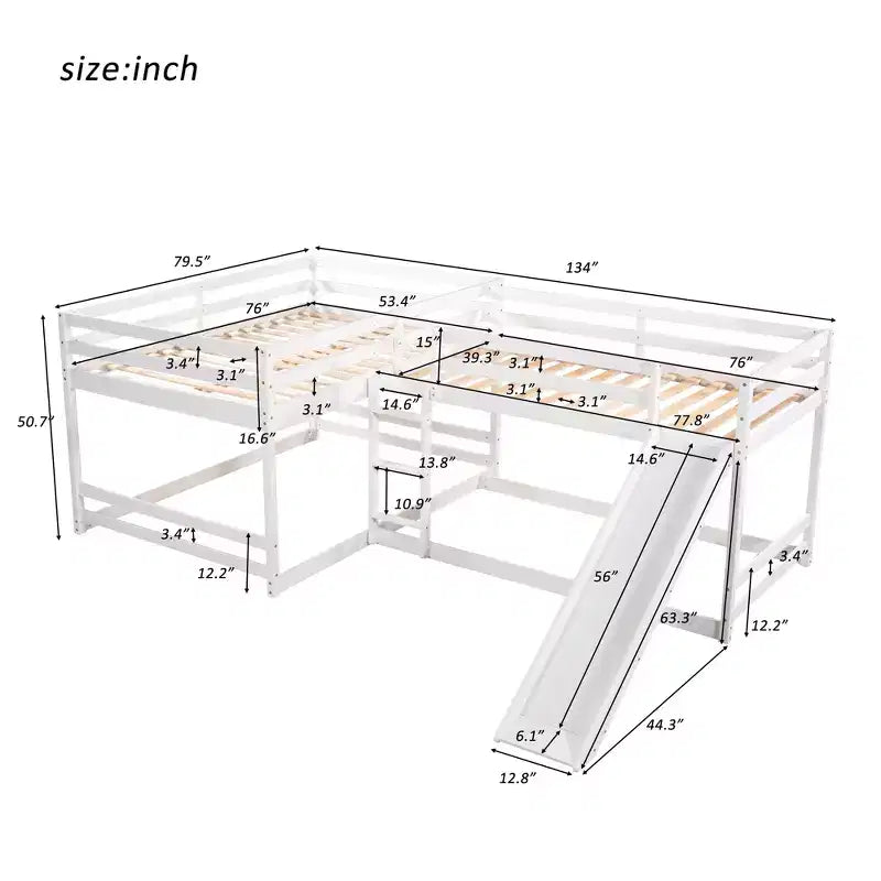 L-vormig stapelbed voor 4 kinderen, vierpersoons stapelbed met glijbaan, houten stapelbedframe met full- en twinbed voor slaapkamer of slaapzaal