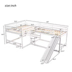 L-vormig stapelbed voor 4 kinderen, vierpersoons stapelbed met glijbaan, houten stapelbedframe met full- en twinbed voor slaapkamer of slaapzaal