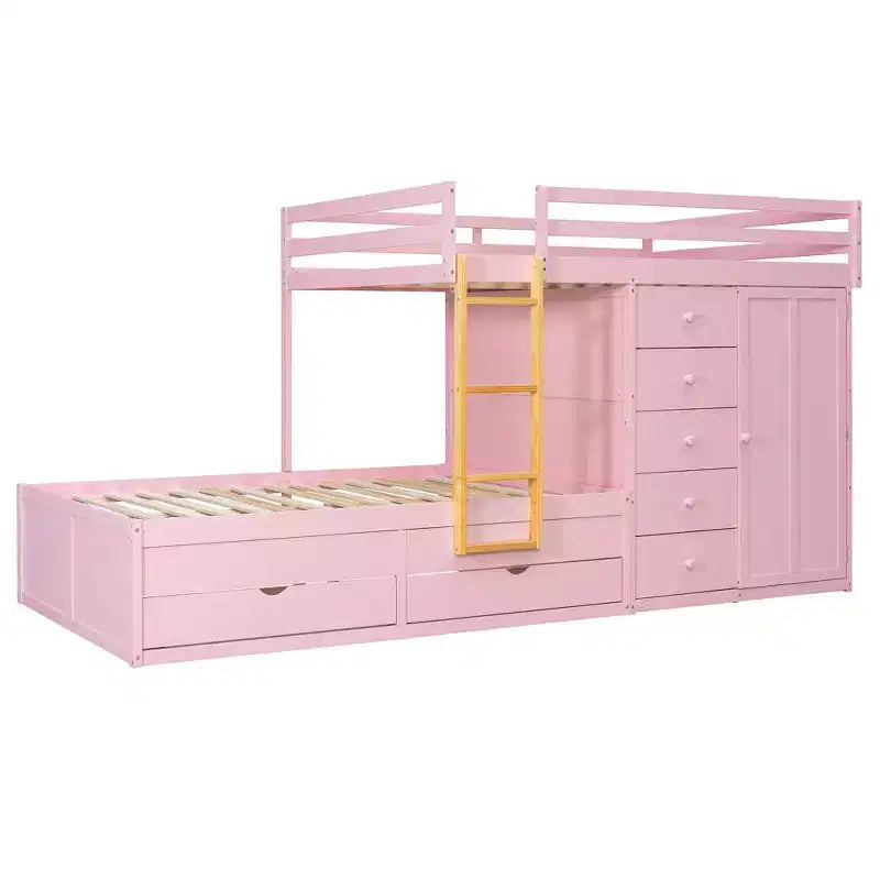 Lit superposé deux places sur deux places avec armoire de rangement et tiroirs, lit superposé en bois deux places gain de place avec barrière de sécurité pour appartement et chambre