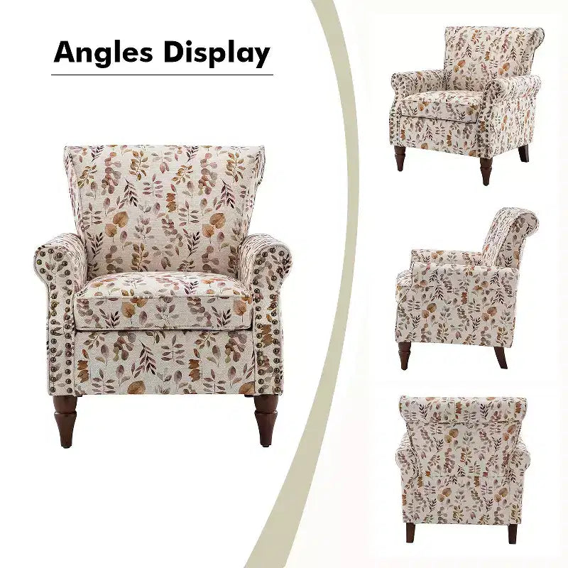 Fauteuil traditionnel Araceli en bois, rembourré à motif floral, avec dossier à oreilles et bordure cloutée| ART OF LIVING DESIGNS