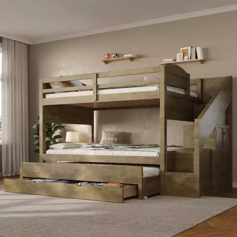 Cadre de lit superposé Whisen Twin XL avec lit gigogne, rangement, escalier de rangement en bois massif, armoire et 3 tiroirs, pour enfants