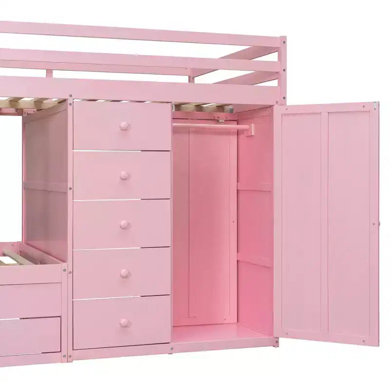 Lit superposé deux places sur deux places avec armoire de rangement et tiroirs, lit superposé en bois deux places gain de place avec barrière de sécurité pour appartement et chambre