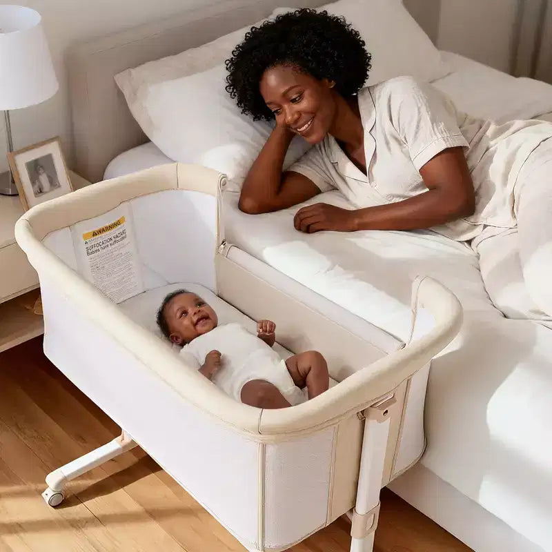 Babywiegje met wielen ??Beige / Grijs / Roze, aanschuifwiegje, voor 1 baby