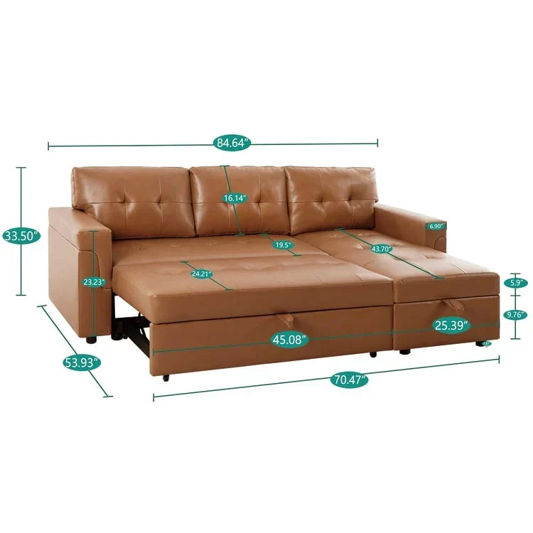 Umwandelbares, beidseitig montierbares Ecksofa mit ausziehbarem Schlafbett, verstecktem Stauraum in der Recamiere und robusten Beinen