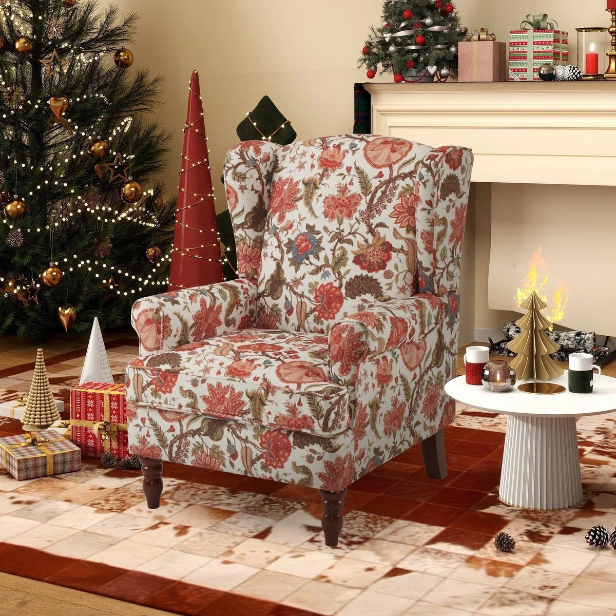 Erommy moderne accentstoel, fauteuil met hoge rugleuning, gestoffeerde stoffen fauteuil met knopen en houten poten voor de woonkamer