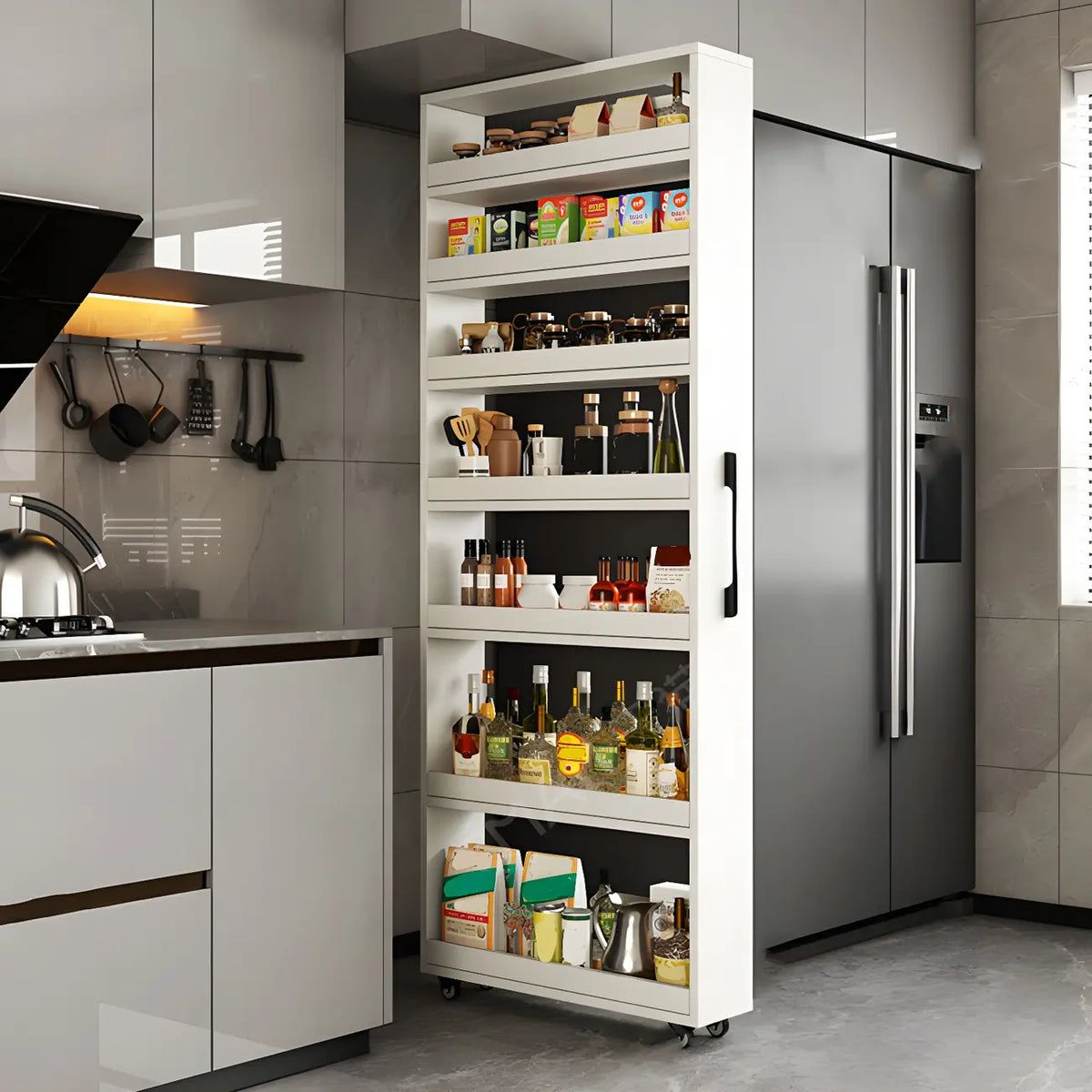 Moderner Buffetschrank aus Holz mit offenen Regalen und Rollen