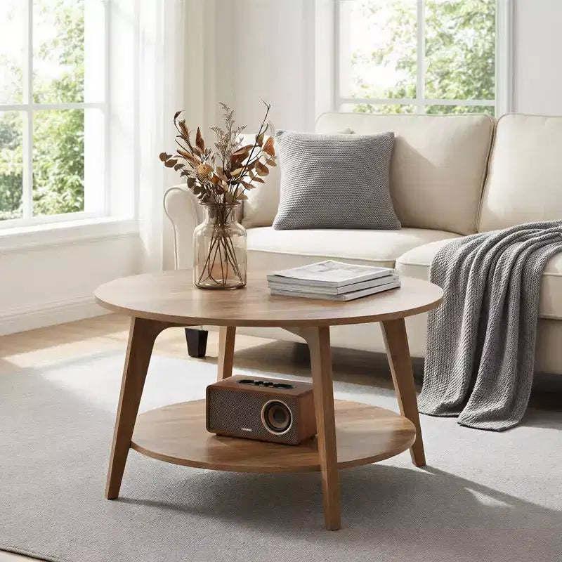 Honey Brown Round Coffee Table with 2 Tiers of Storage, Measuring 31.5 x 17.7 Inches, Ideal for the Living Room