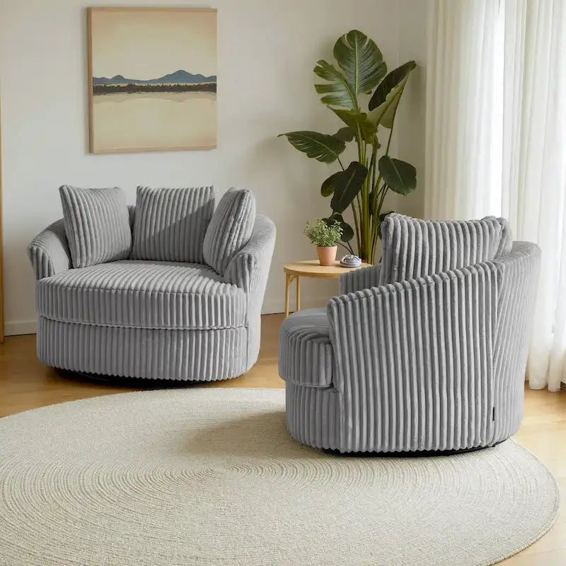 2 Set Oversized 43 W Plush Corduroy Swivel Barrel Chair with Pillows