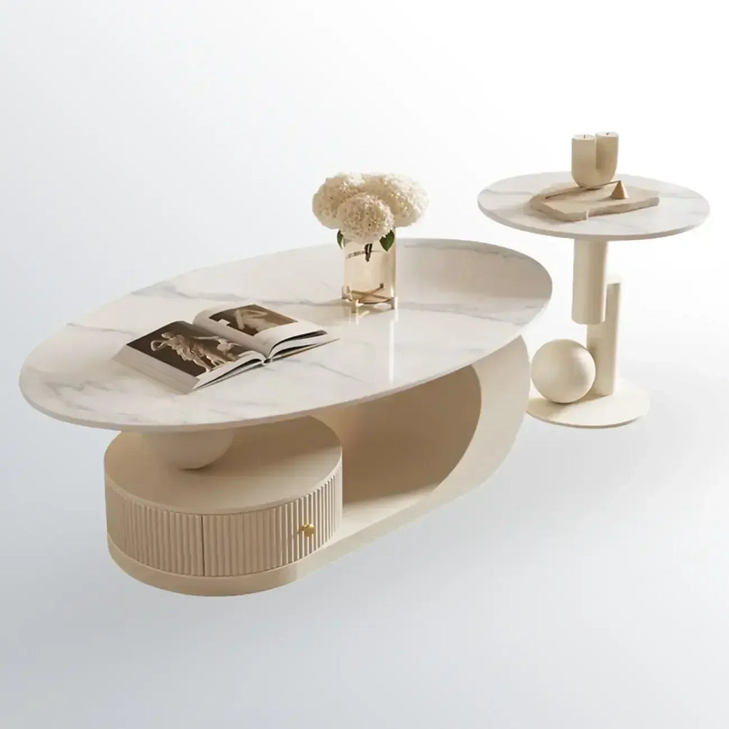 Moderne salontafel met wit stenen blad en krasbestendige afwerking
