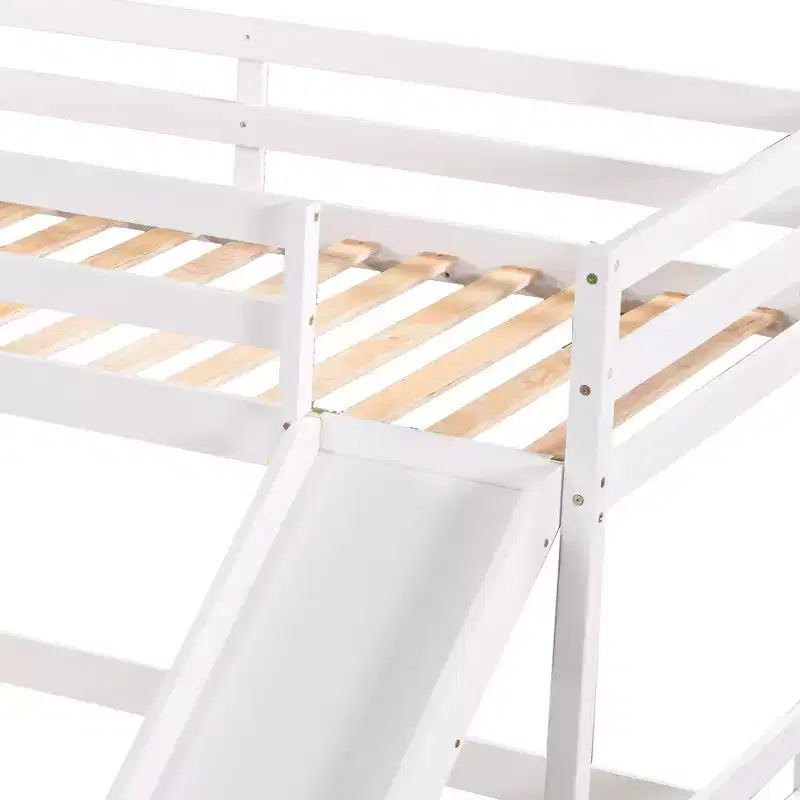 L-vormig stapelbed voor 4 kinderen, vierpersoons stapelbed met glijbaan, houten stapelbedframe met full- en twinbed voor slaapkamer of slaapzaal