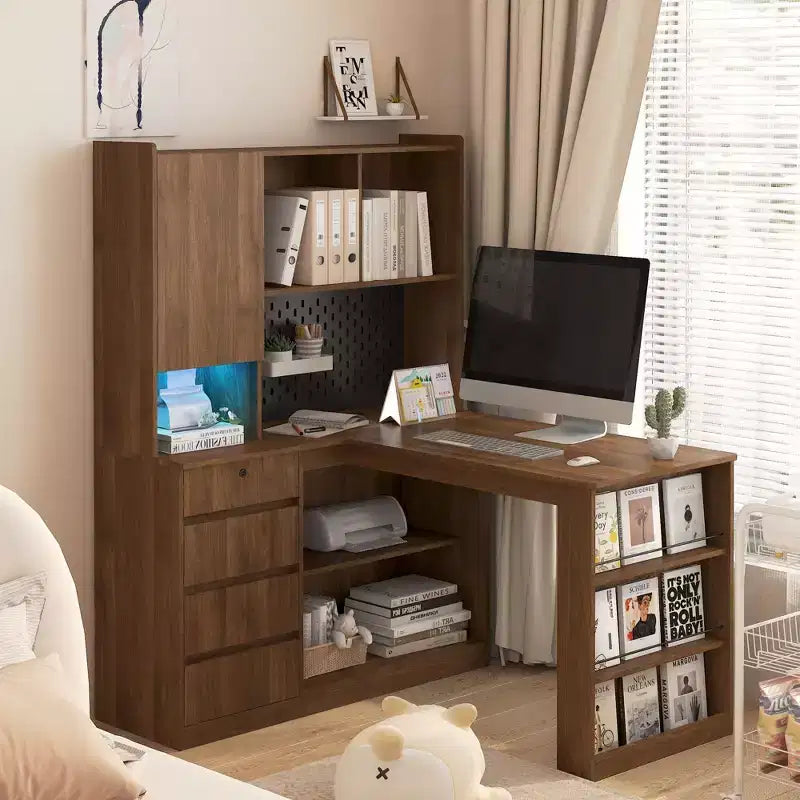 46-Inch L-Shaped Corner Desk with Bookshelf and Drawers