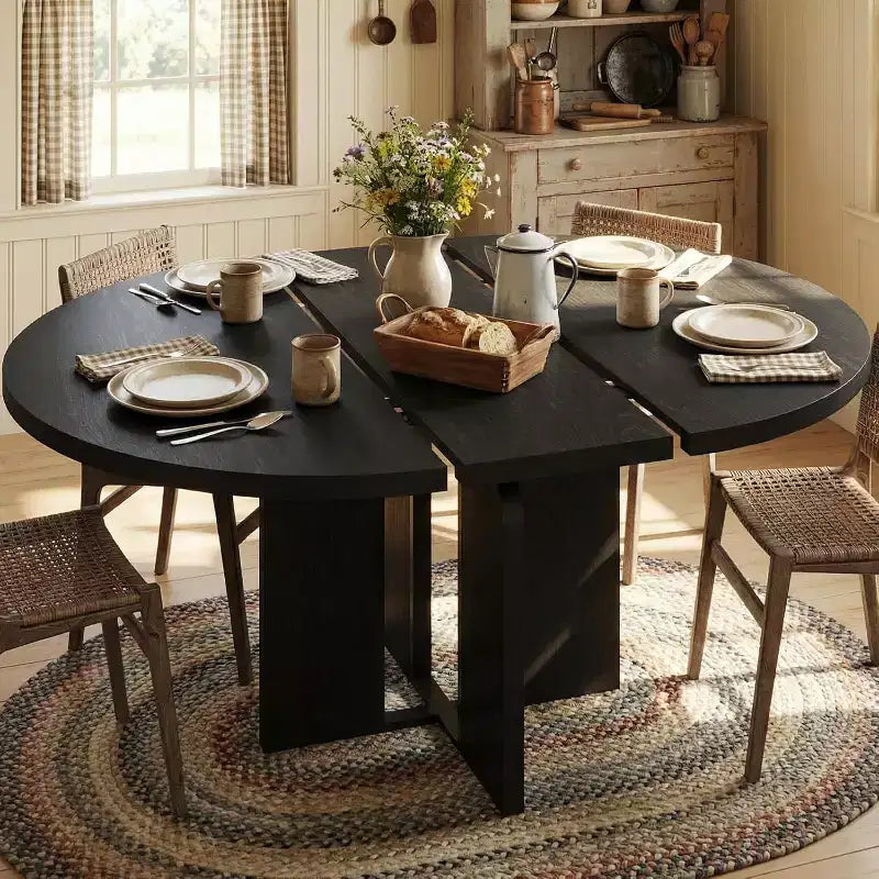 Table à manger ronde extensible de 47 à 63 po pour 4 à 8 personnes, table de cuisine extensible en bois de style champêtre avec structure en métal, table ovale gain de place pour appartement, gris rétro