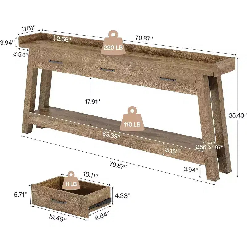 Table console Lantine à 2 niveaux avec 3 tiroirs, console de 70,9 avec rebord surélevé et étagères de rangement pour le salon, le couloir ou l’entrée