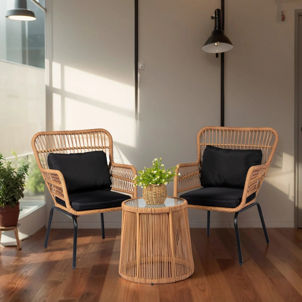 3-delige bistroset van wicker voor buiten, weerbestendige rotan tuinmeubelset met stoelen en kussens