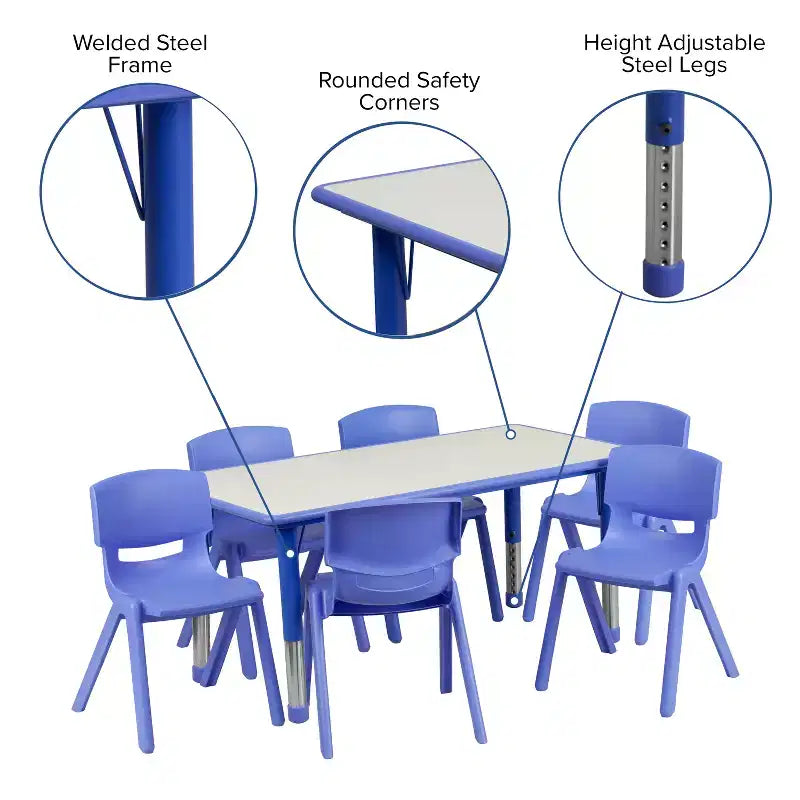 Ensemble table d’activités rectangulaire réglable en hauteur en plastique Emma and Oliver, 23,625 l x 47,25 L, avec 6 chaises