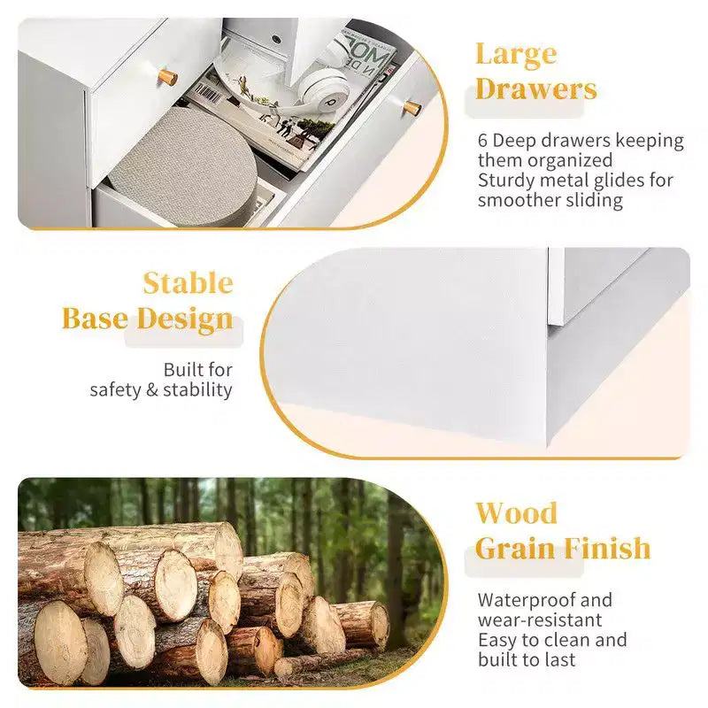 Grande commode Karl Home à 6 tiroirs pour chambre et meuble à tiroirs, construction robuste, organisateur de rangement en bois pour placard, blanche