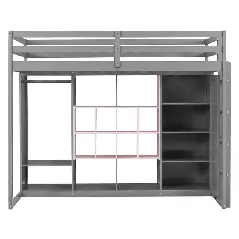 Kinder-Hochbett mit Kleiderschrank und Regalen, Hochbettgestell aus Holz mit Stauraumschrank für Kinder und Jugendliche