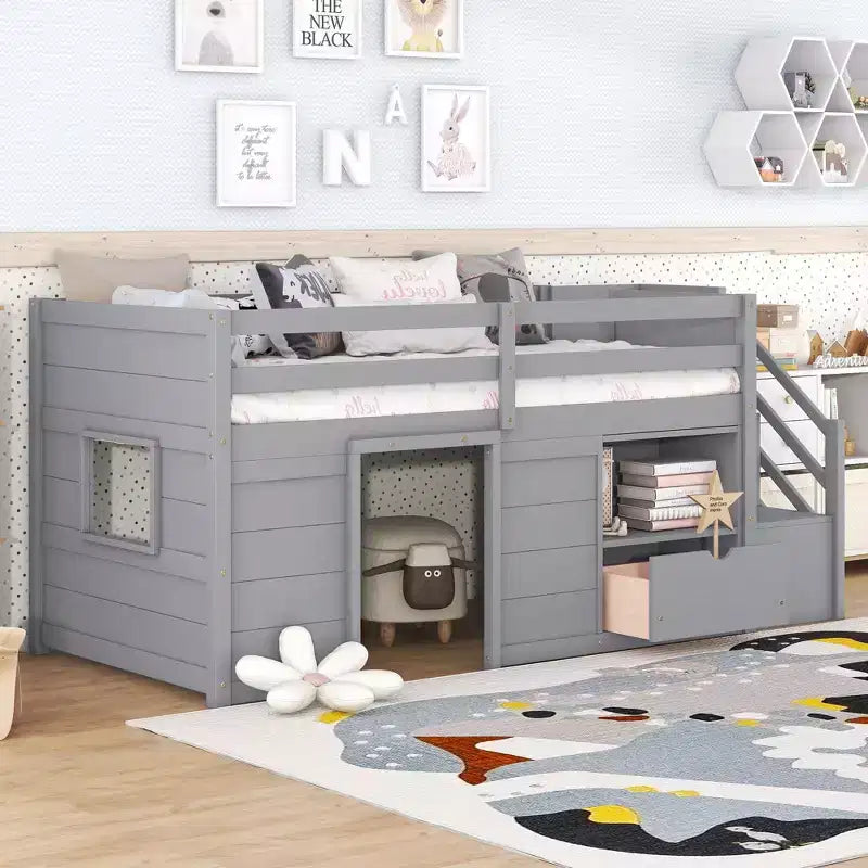 Okak hoogslaper van massief hout voor éénpersoonsmatras met trap en opbergruimte, lage stapelbedden voor éénpersoonsmatrassen met laden en planken, multifunctionele hoogslapers voor kinderen en tieners