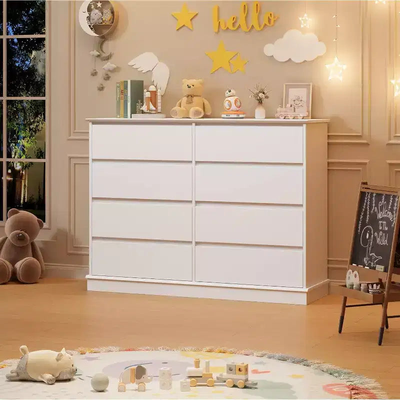 Opbergkast met 8 laden, ladekast met diepe laden, grote brede kast met bovenblad voor woonkamer, hal of kinderkamer