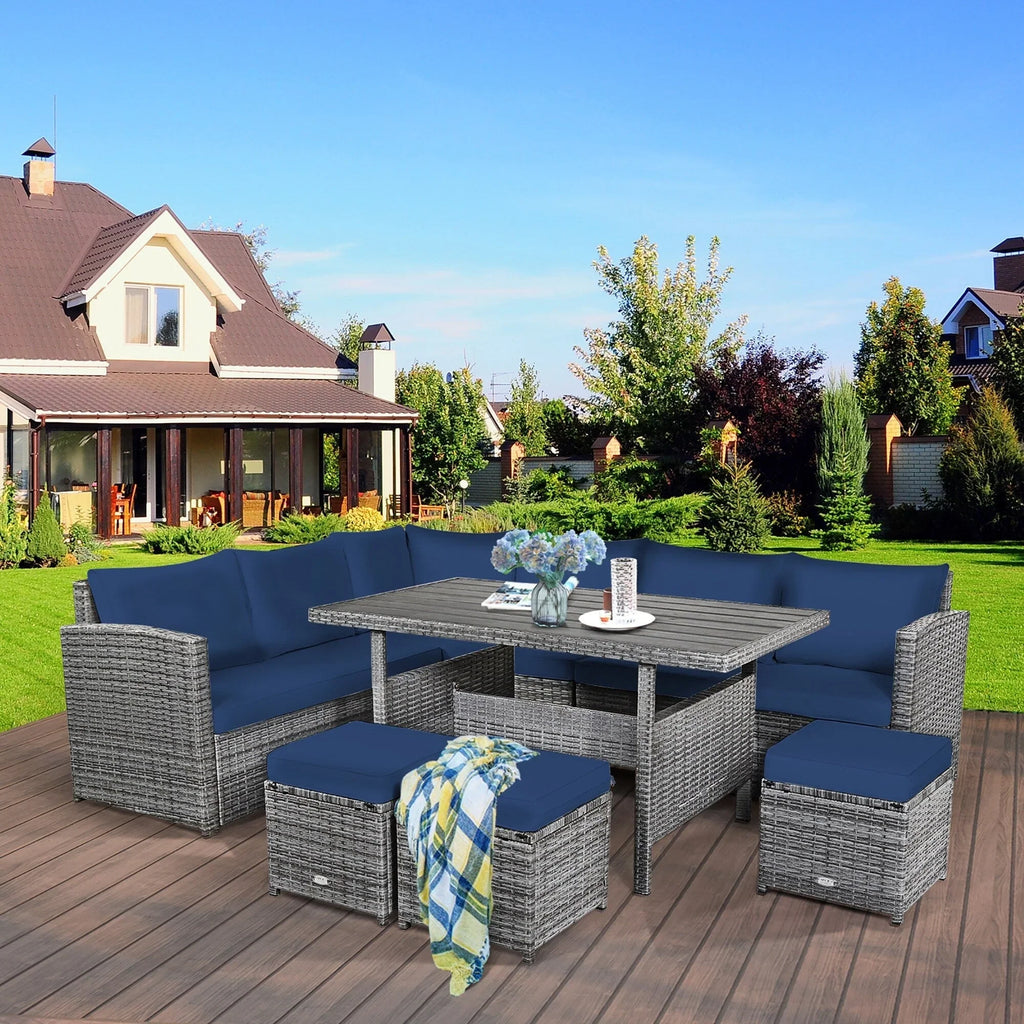 Costway Ensemble repas de jardin en rotin de 7 pièces, canapé d’angle, canapé et pouf — Voir les détails