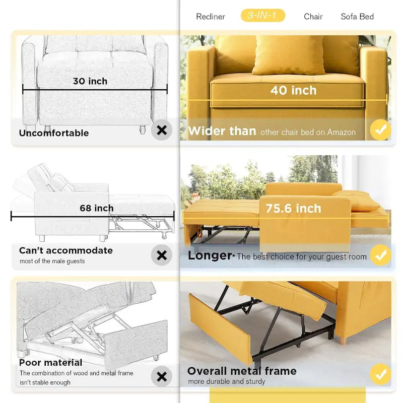 Verstelbare slaapstoel/-bed, 3-in-1-ombouwbaar, meerdere kleuren, geschikt voor 1 persoon