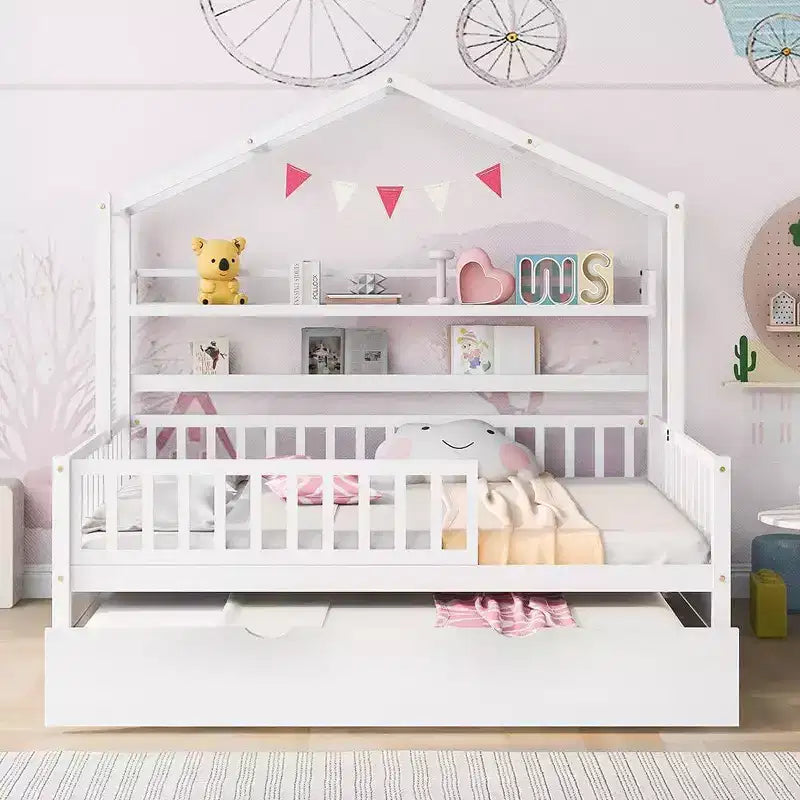 Acekool Full Size House Bed Frame with Twin Trundle, Storage Drawers & Shelves, Roof & Fence, Kids Platform Bed, White