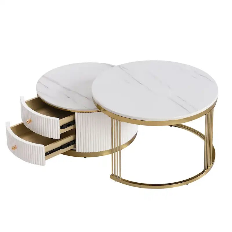 2 Pieces White Round Nesting Coffee Table with Drawers