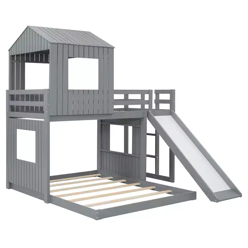 Luxystar Etagenbett aus Holz in Twin-über-Full-Größe mit Spielhaus, Rutsche und Schutzgittern