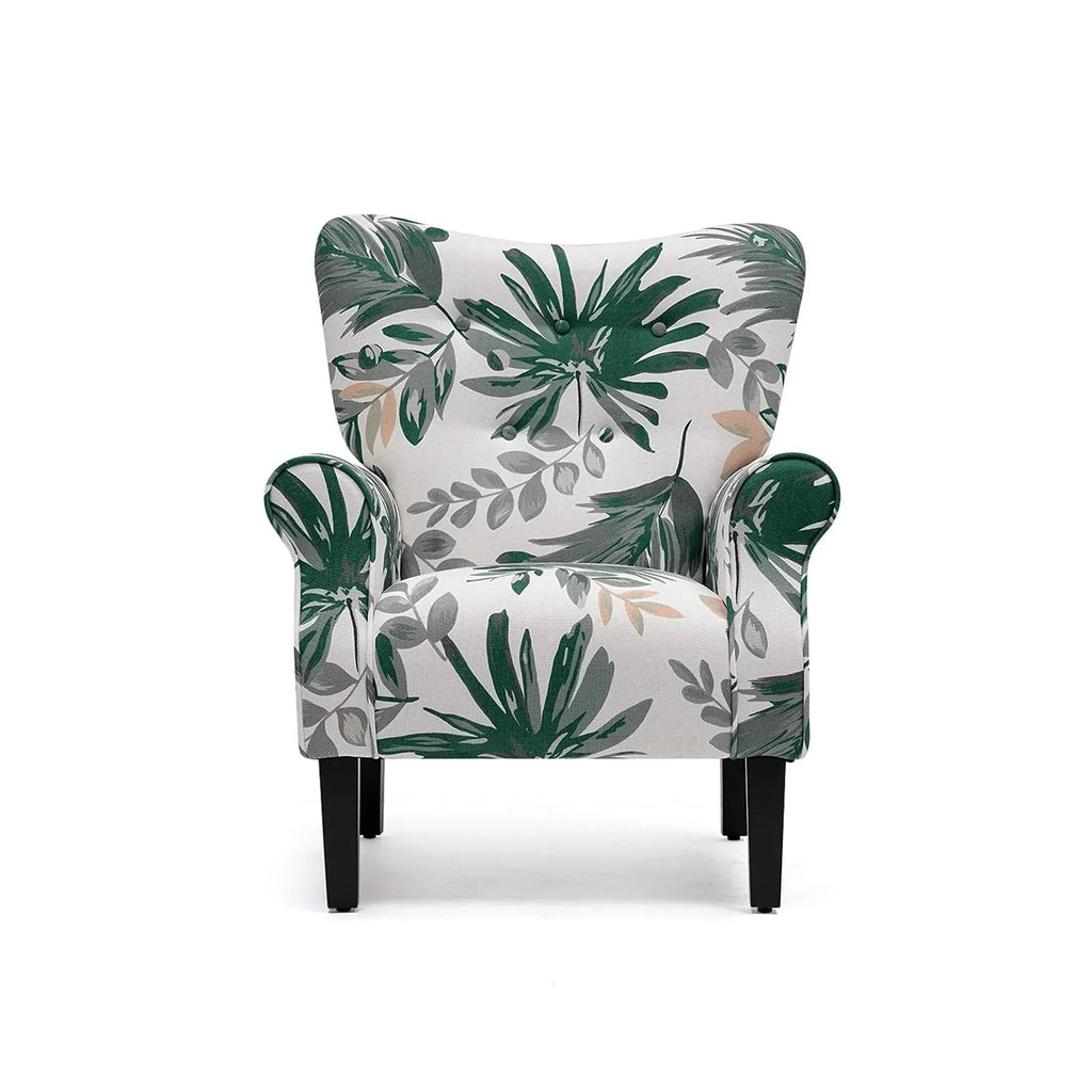 Erommy moderne accentstoel, fauteuil met hoge rugleuning, gestoffeerde stoffen fauteuil met knopen en houten poten voor de woonkamer