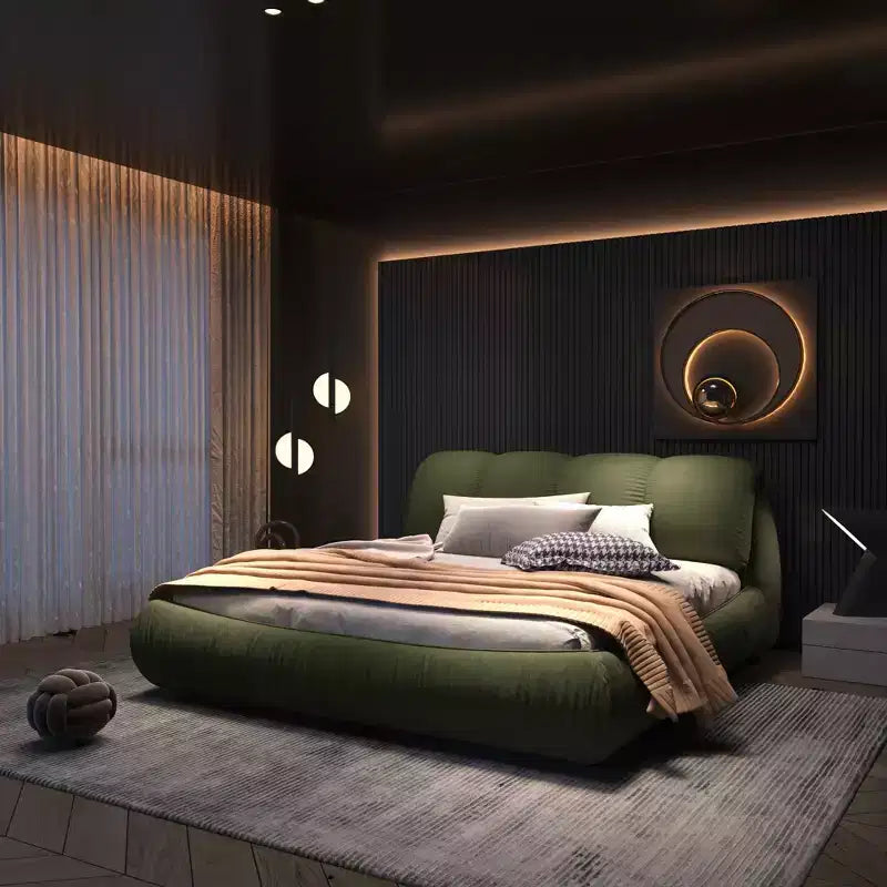 MAYEERTY Queen Size Luxury Upholstered Platform Bed with Oversized Padded Backrset and Solid Wood Frame Green