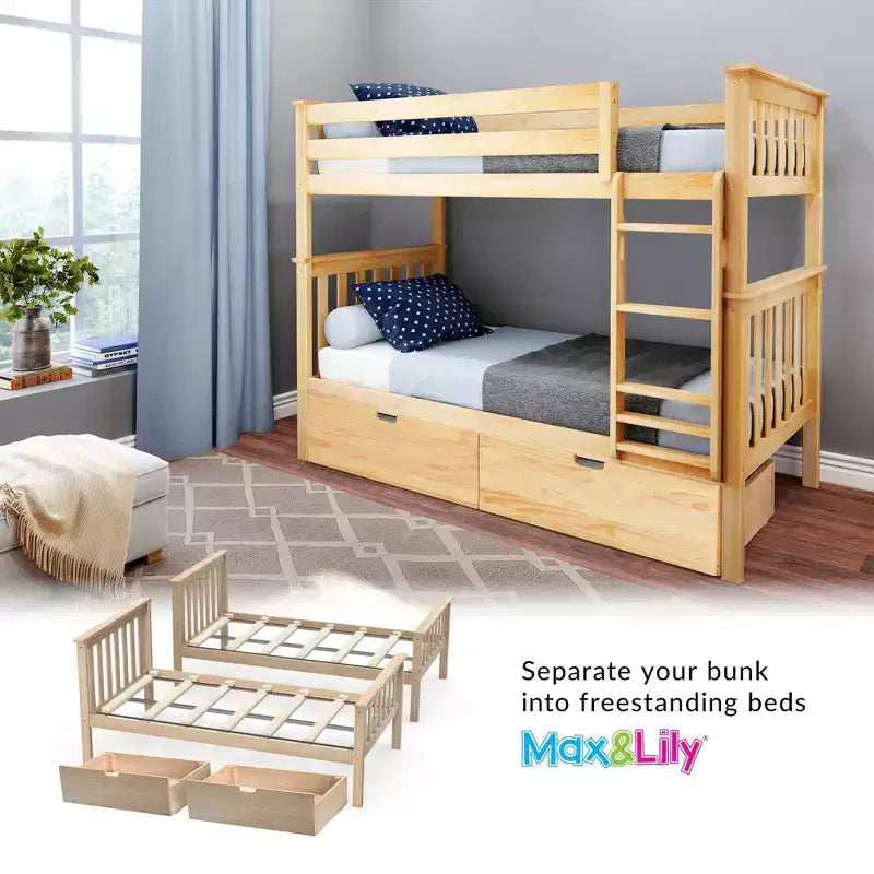 Stapelbed van massief hout voor 2 eenpersoonsbedden voor kinderen met opbergladen onder het bed