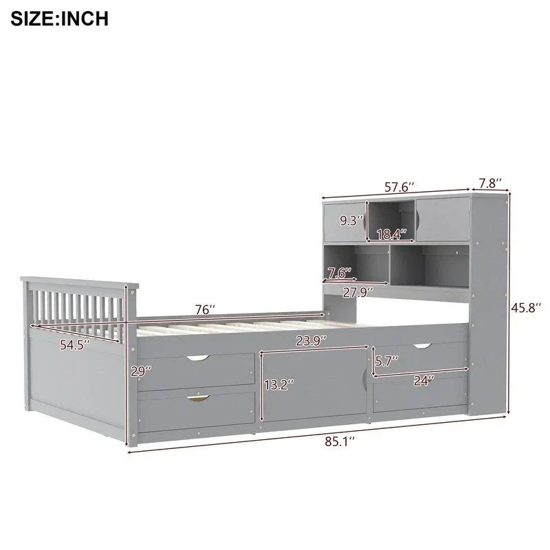 Lit plateforme de capitaine Twin/Full avec 4 tiroirs et étagères de rangement, structure en bois massif avec tête de lit bibliothèque et rangements