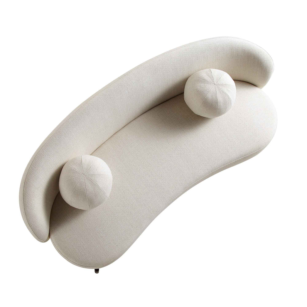 Gebogen 3-zitsbank met balvormige kussens, beige linnenmix